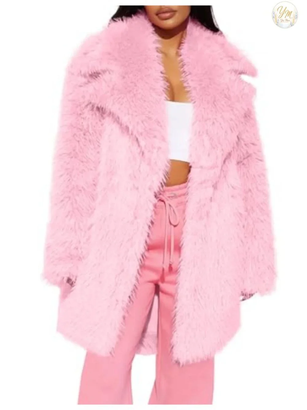 Womens Faux Fur Coat Mid Length Warm Winter Fluffy Jacket Shawl Collar